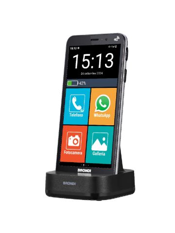 BRONDI AMICO VERO 4G (NERO) - SMARTPHONE PER ANZIANI - TASTO SOS - TORCIA - GPS - NOTIFICA AI PARENTI IN CASO DI CADUTA - CONTROLLO REMOTO - FOTOCAMERA - BASE DI RICARICA - CONNETTIVITA 4G