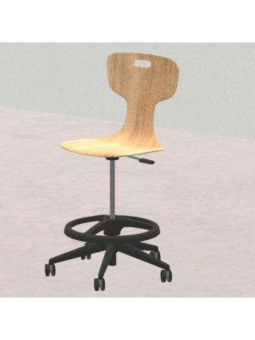sgabello GIGLIO Wood finitura legno H da 58 a 83,2cm, scocca legno, struttura nera con ruote e poggiapiedi SD.FLEXW.5rH.N.L